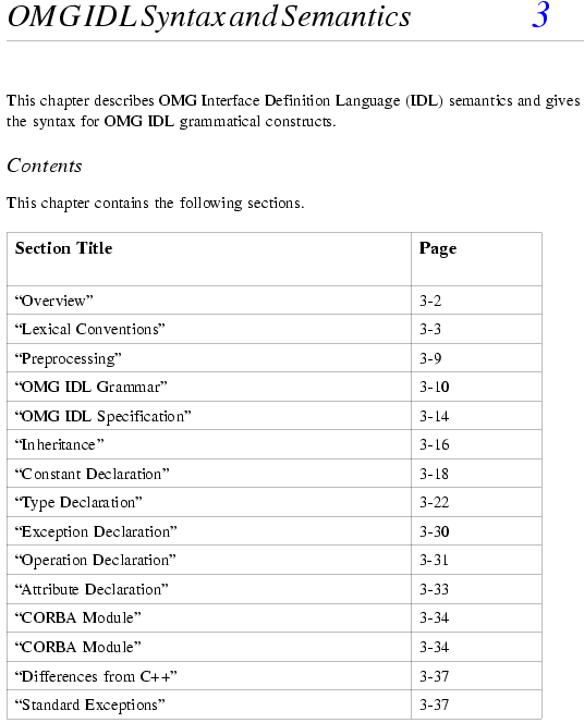 Figura 1: Indice del capítulo 3 del estándar de CORBA sobre OMG/IDL