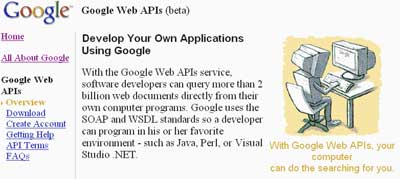 Google Web API permite a los desarrolladores poder interrogar y tomar información de casi tres mil millones de documentos Web directamente desde Google