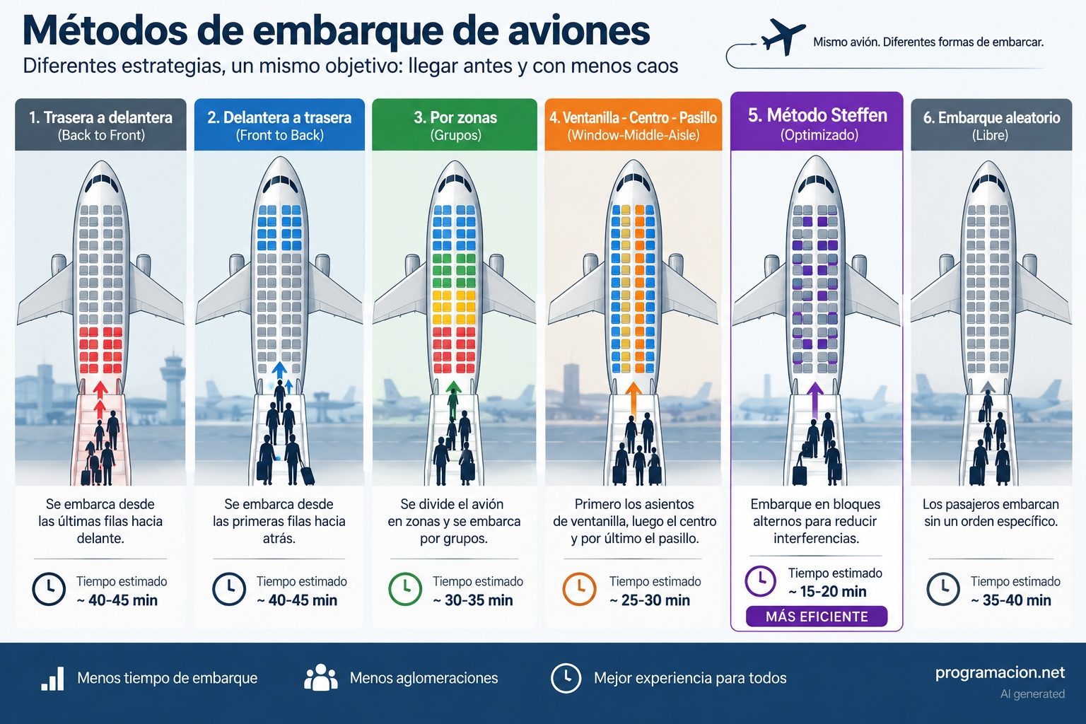 Infografía comparando los seis métodos de embarque de aviones: trasera a delantera, delantera a trasera, por zonas, ventanilla-centro-pasillo, método Steffen y embarque aleatorio