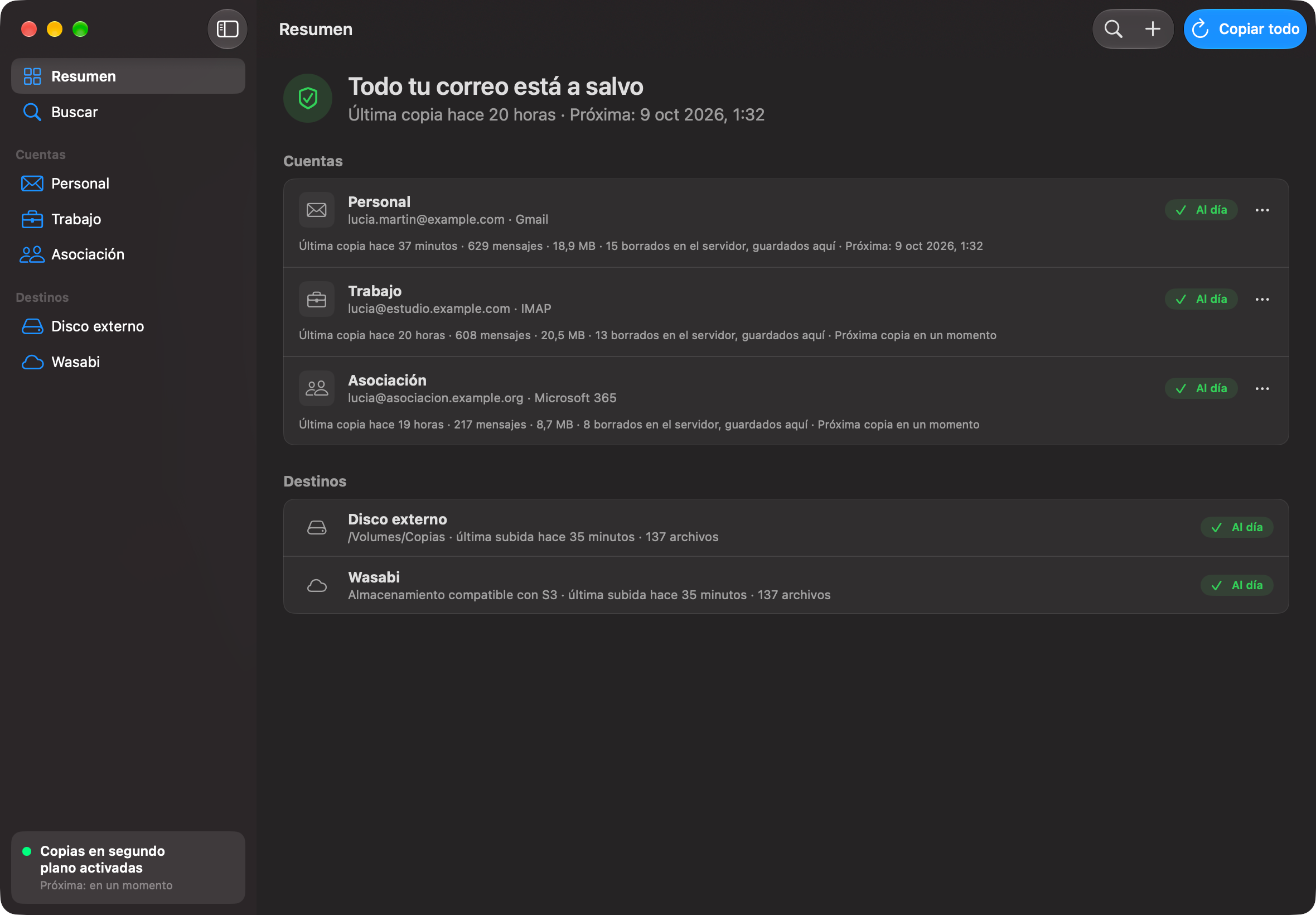 Arca Mail Backup: pantalla de resumen